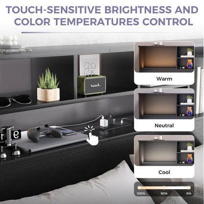 King size Bookcase Headboard in Black Wood Finish with LED Lights