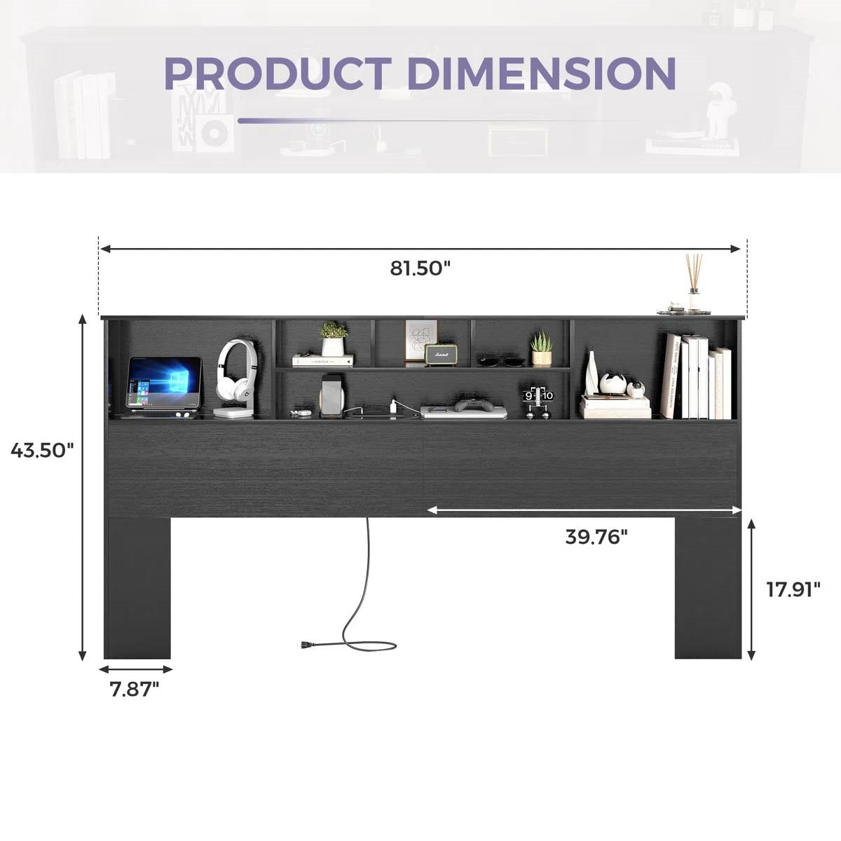 King size Bookcase Headboard in Black Wood Finish with LED Lights
