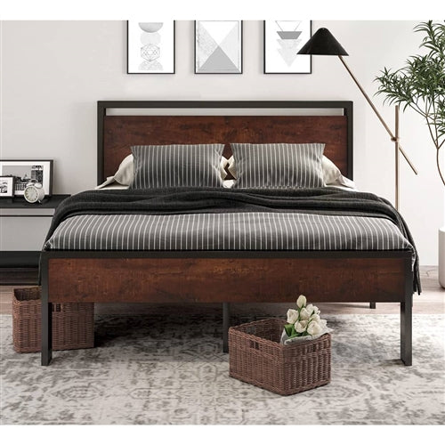 Metal Platform Bed Frame with Mahogany Wood Panel Headboard Footboard