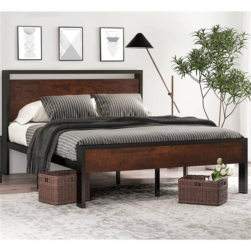 Metal Platform Bed Frame with Mahogany Wood Panel Headboard Footboard