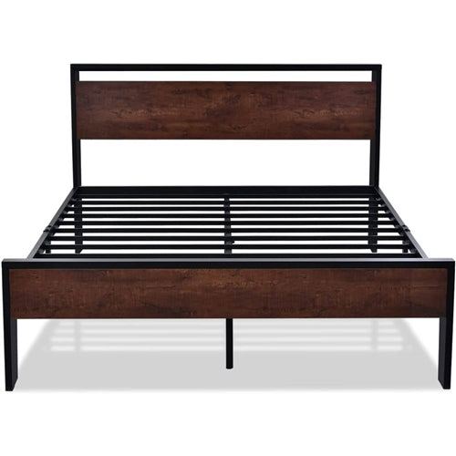 Metal Platform Bed Frame with Mahogany Wood Panel Headboard Footboard