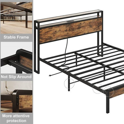 King Size Industrial Platform Bed Frame with Storage Headboard and Power Outlets