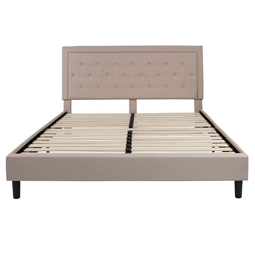 Beige Upholstered Platform Bed Frame with Button Tufted Headboard