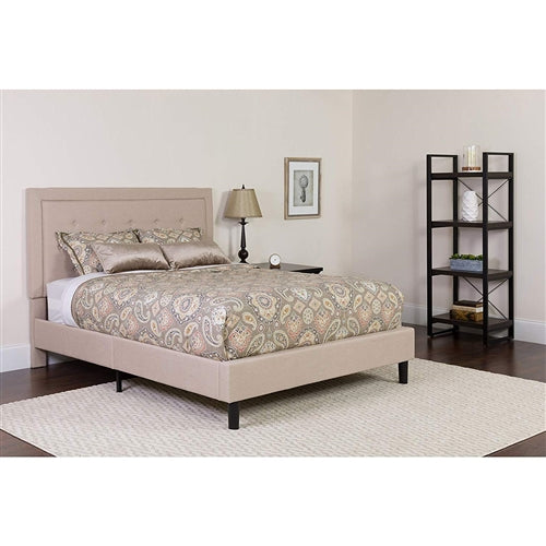 Beige Upholstered Platform Bed Frame with Button Tufted Headboard