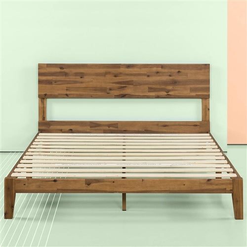 King size Modern Wood Platform Bed Frame with Headboard in Medium Brown