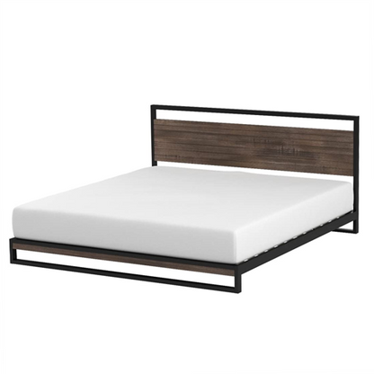 King size Modern Metal Wood Platform Bed Frame with Headboard in Gray