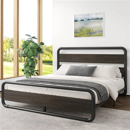 Heavy Duty Round Metal Frame Platform Bed with Black Wood Panel Headboard