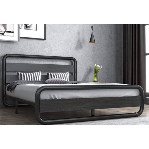 Heavy Duty Round Metal Frame Platform Bed with Black Wood Panel Headboard