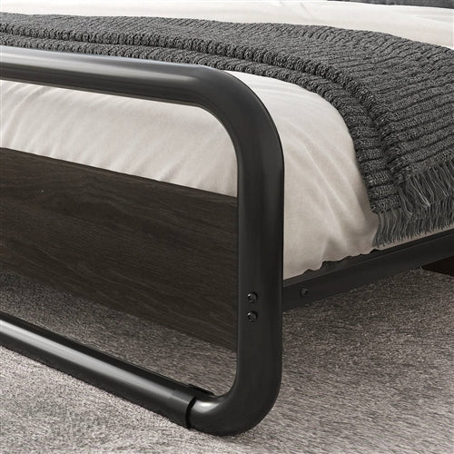 Heavy Duty Round Metal Frame Platform Bed with Black Wood Panel Headboard