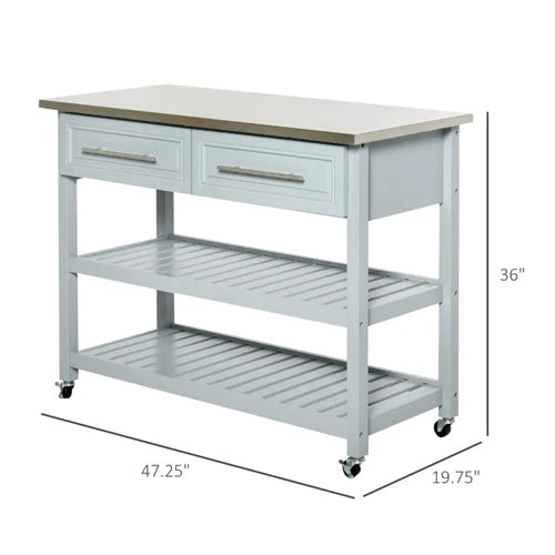 Light Gray Rolling Kitchen Island 2 Drawers Storage with Stainless Steel Top