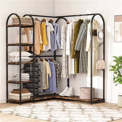 Corner L-Shaped Garment Rack with Clothing Hanging Rods and Storage Shelves