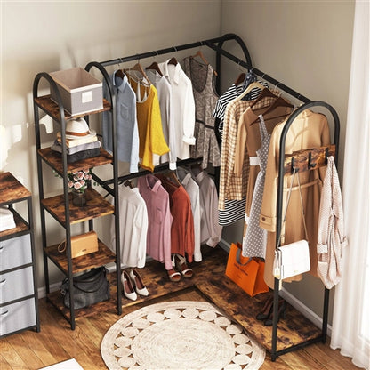 Corner L-Shaped Garment Rack with Clothing Hanging Rods and Storage Shelves