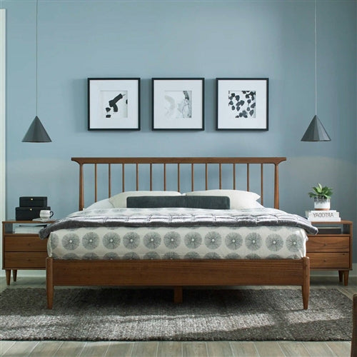 Hardwood Mid Century Platform Bed Frame with Headboard in Walnut