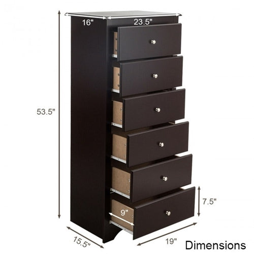 Modern Espresso 6 Drawer Tall Wood Dresser Chest