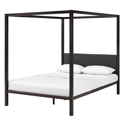 Queen size Brown Metal Canopy Bed Frame with Grey Upholstered Headboard