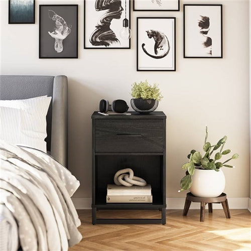 Modern 1-Drawer Bedroom Nightstand in Rustic Black Wood Finish with Metal Legs