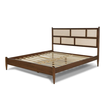 Hardwood Platform Bed Frame with Cane Paneling Headboard in Walnut