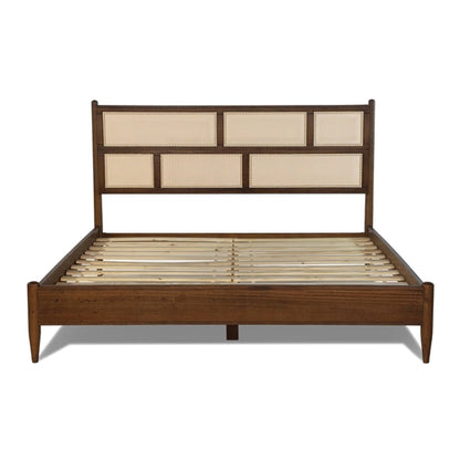 Hardwood Platform Bed Frame with Cane Paneling Headboard in Walnut