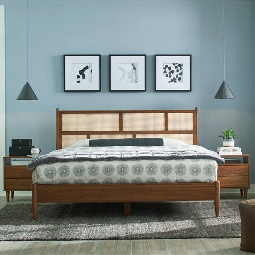 Hardwood Platform Bed Frame with Cane Paneling Headboard in Walnut