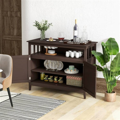 Dark Brown Wood 2-Door Dining Buffet Sideboard Cabinet with Open Storage Shelf