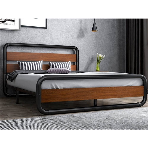 Heavy Duty Modern Industrial Metal Wood Platform Bed Frame with Headboard