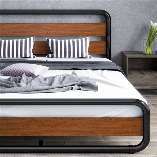 Heavy Duty Modern Industrial Metal Wood Platform Bed Frame with Headboard