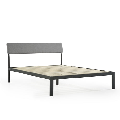 Grey Soft Fabric Metal Headboard Platform Bed Wooden Slats