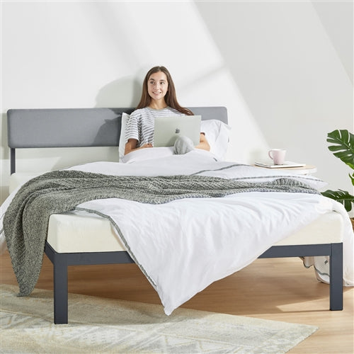 Grey Soft Fabric Metal Headboard Platform Bed Wooden Slats