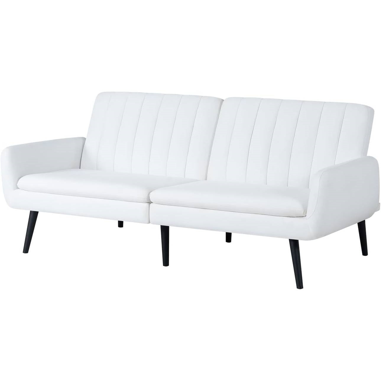 Modern Mid-Century Futon Sleeper Sofa Bed in White Linen Fabric