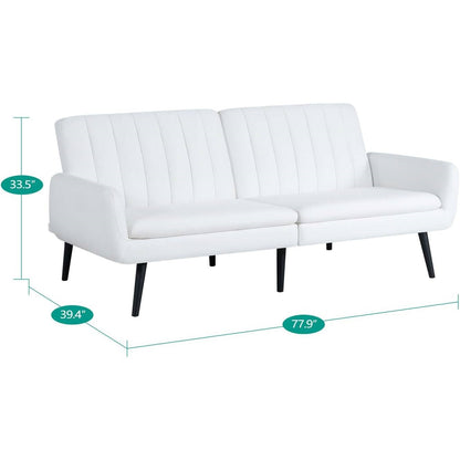 Modern Mid-Century Futon Sleeper Sofa Bed in White Linen Fabric