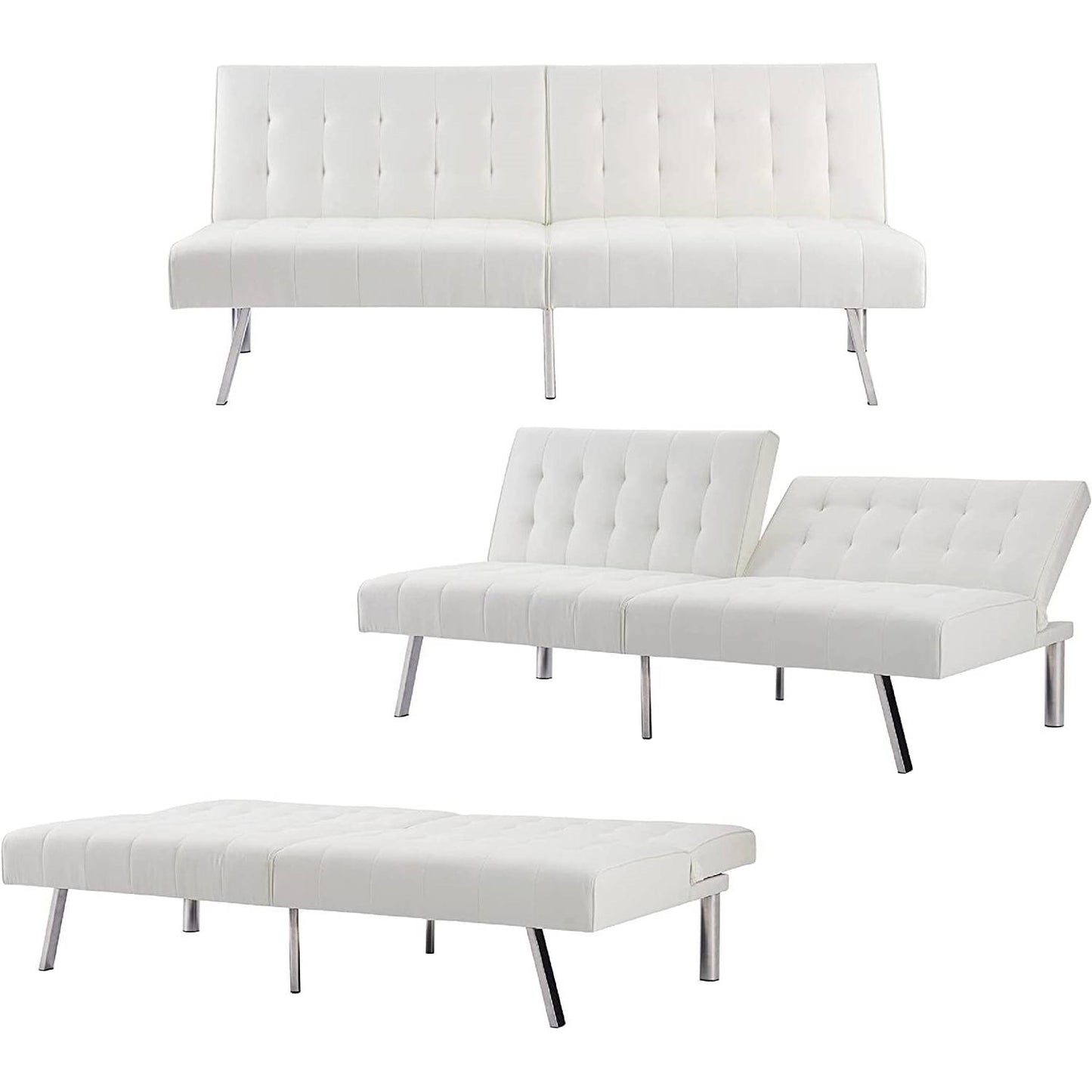 Mid-Century Modern Split Back Futon Sleep Sofa Bed in White Faux Leather