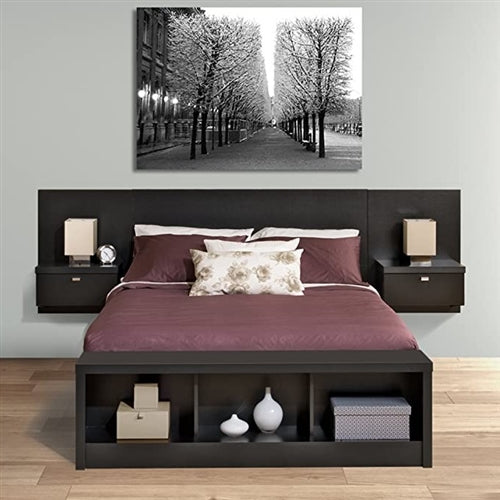 Modern Wall Mounted Floating Headboard with Nightstands in Black