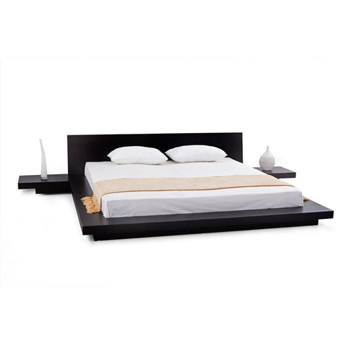 Modern Platform Bed w/ Headboard and 2 Nightstands in Espresso