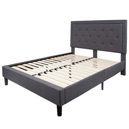 Dark Grey Fabric Upholstered Platform Bed Frame with Tufted Headboard