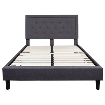 Dark Grey Fabric Upholstered Platform Bed Frame with Tufted Headboard