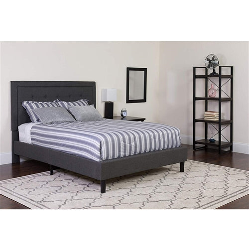 Dark Grey Fabric Upholstered Platform Bed Frame with Tufted Headboard