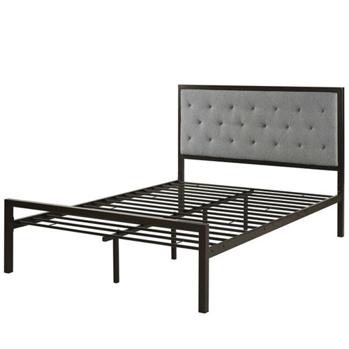 Metal Platform Bed with Gray Fabric Button Tufted Upholstered Headboard