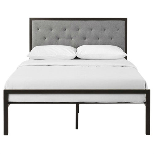 Metal Platform Bed with Gray Fabric Button Tufted Upholstered Headboard