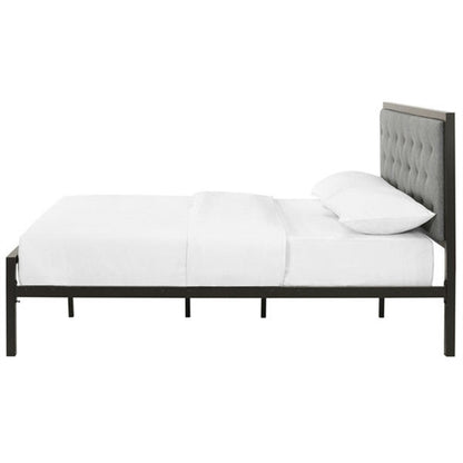 Metal Platform Bed with Gray Fabric Button Tufted Upholstered Headboard