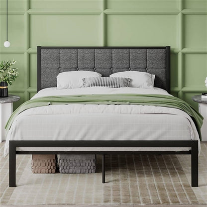 Metal Platform Bed Frame with Gray Button Tufted Upholstered Headboard