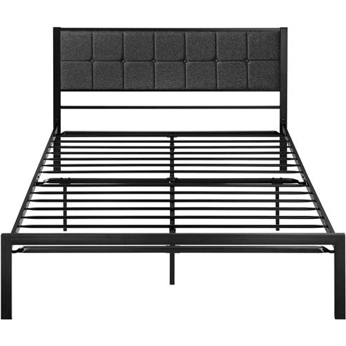 Metal Platform Bed Frame with Gray Button Tufted Upholstered Headboard