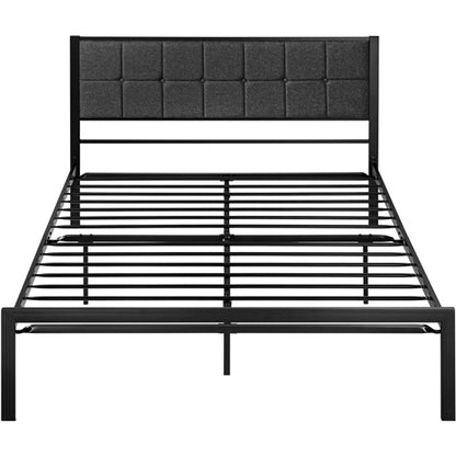 Metal Platform Bed Frame with Gray Button Tufted Upholstered Headboard