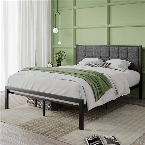 Metal Platform Bed Frame with Gray Button Tufted Upholstered Headboard