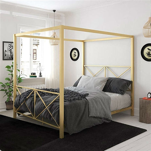 Queen size Modern Gold Metal Canopy Bed Frame with Headboard and Footboard