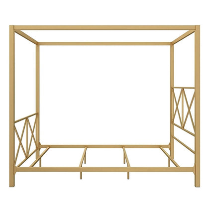 Queen size Modern Gold Metal Canopy Bed Frame with Headboard and Footboard