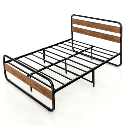 Industrial Wood and Metal Tube Platform Bed with Headboard and Footboard