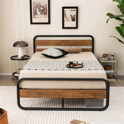 Industrial Wood and Metal Tube Platform Bed with Headboard and Footboard