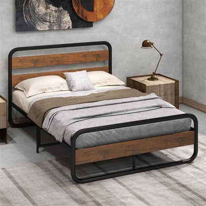 Industrial Wood and Metal Tube Platform Bed with Headboard and Footboard