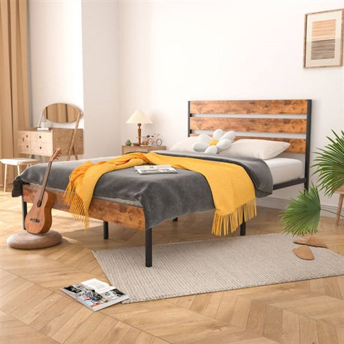 Brown Rustic Industrial Platform Bed Frame Wood Slatted Headboard and Footboard