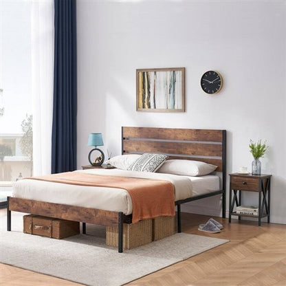 Brown Rustic Industrial Platform Bed Frame Wood Slatted Headboard and Footboard